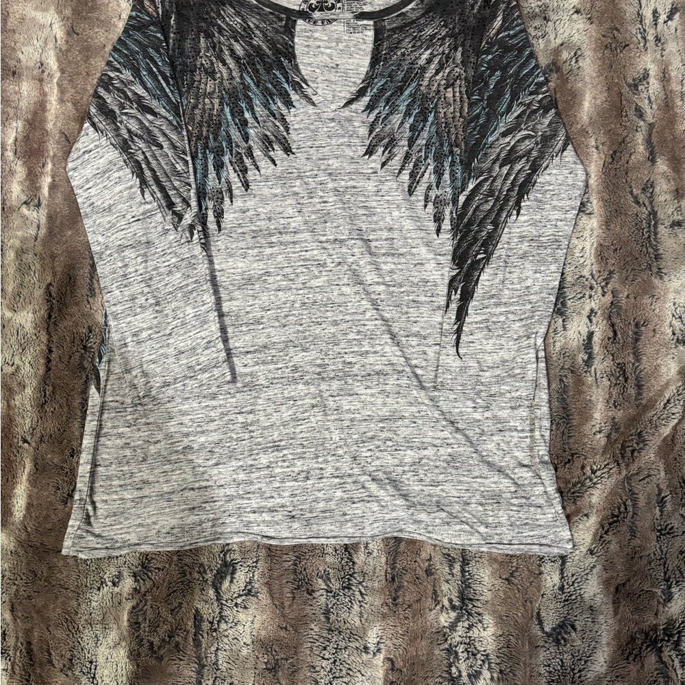 Affliction Gray and Black Wing Print Long Sleeve Top